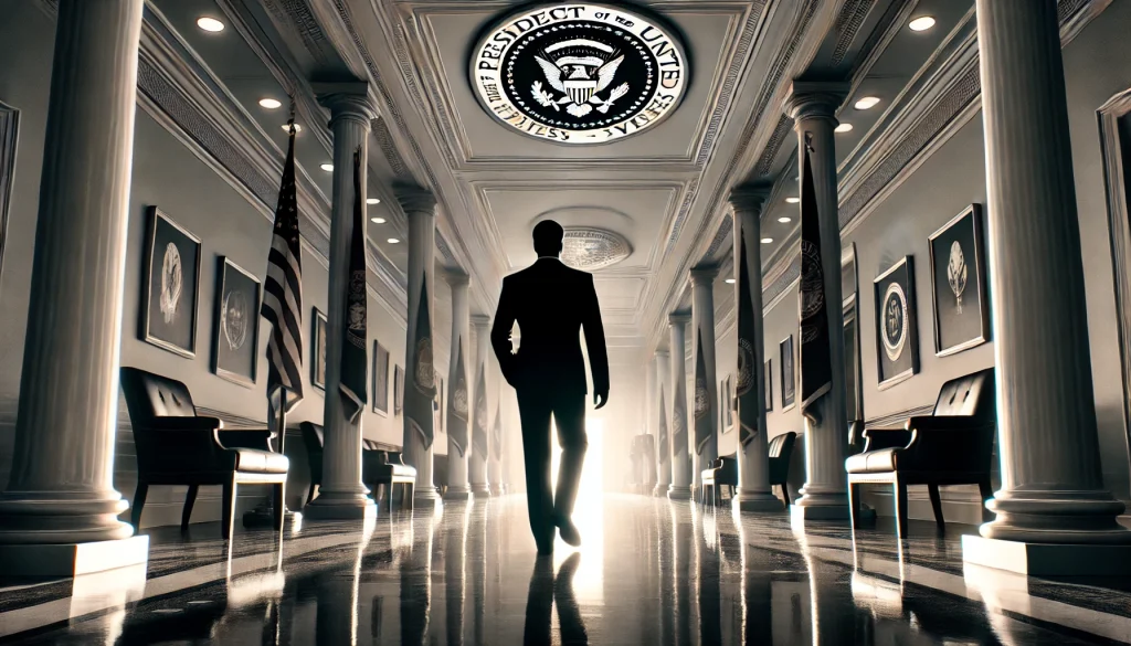 silhouette entering a bright, official corridor