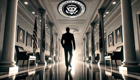 silhouette entering a bright, official corridor