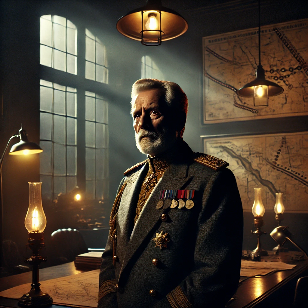 A powerful older ruler standing alone in a quiet war room