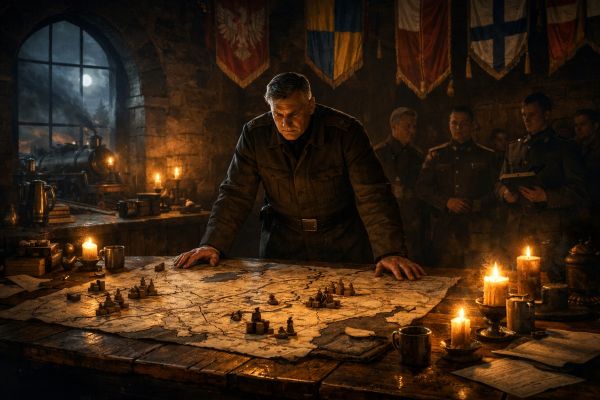 Archduke reviewing war maps and railway expansion plans in candlelit medieval strategy room, alternate history empire setting