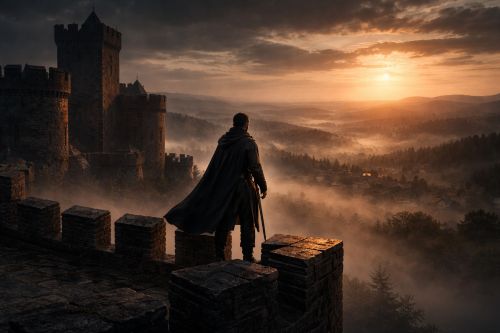 A lone medieval baron stands on a castle tower overlooking a misty landscape at sunrise, symbolizing power and a new life in another time.