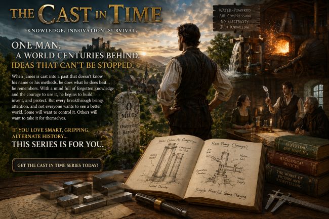 Man overlooking a medieval village as water-powered machinery and a blast furnace operate nearby, with engineering sketches and tools in the foreground, promoting The Cast in Time alternate history series.